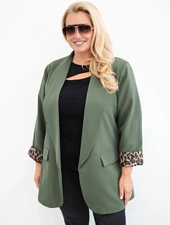 Dámske sako vo veľkosti Plus Size s podšívkou s leopardovým vzorom v khaki farbe