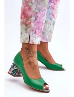Skórzane Czółenka Z Ozdobnym Obcasem Lewski Shoes 2608/K Zielone