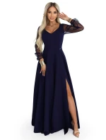 640-3 LORETTA jedinečné dlhé šaty s tylovými rukávmi a výstrihom - tmavomodré