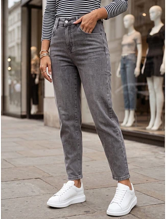 Dámske džínsy Mom Fit s elastickým pásom, sivé, FashionStreet UY3100 Dámske džínsy Mom Fit s elastickým pásom, sivé, FashionStreet UY3100