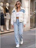Dámska prešívaná péřová bunda s kapucňou v farbe ecru FashionStreet TY6086 Dámska prešívaná péřová bunda s kapucňou v farbe ecru FashionStreet TY6086
