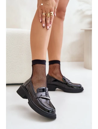Lakierowane Mokasyny Loafersy Damskie Z Ozdobą D&A LZ42-031 Czarne
