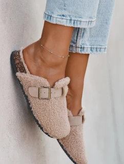 Klapki Damskie Z Futerkiem Typu Baranek Beżowe Lorivine