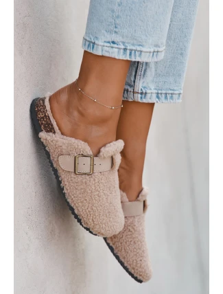 Klapki Damskie Z Futerkiem Typu Baranek Beżowe Lorivine