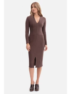 B307 Pletené šaty v tvare ceruzky - hnedé