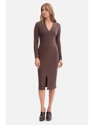B307 Pletené šaty v tvare ceruzky - hnedé