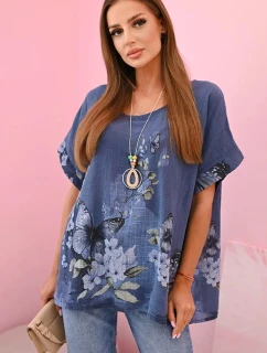 Dámske bavlnené tričko s motýľmi a kvetmi denim