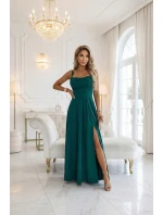 589-6 Maxi šaty bez ramienok s korzetovým zaväzovaním vzadu a rozparkom - fľaškovo zelené