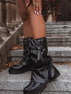 Kozaki Damskie Z Wywiniętą Cholewką Do Połowy Łydki Z Paskiem Czarne Darisa