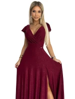 411-8 CRYSTAL Trblietavé dlhé šaty s výstrihom - Bordeaux