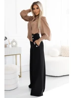 496-2 Elegantné široké nohavice s vreckami, vysokým sedením a zlatými gombíkmi - ČIERNA