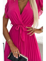 424-2 Šifónové plisované šaty s výstrihom a volánmi - PINK Barbie