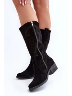 Zazoo 4043 Zamszowe Kozaki Na Niskim Obcasie Ażurowe Czarne