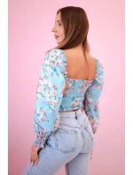 Dámska španielska blúzka s kvetinovým vzorom, dlhý rukáv, modrá