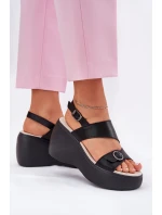 Skórzane Sandały Damskie Na Koturnie I Platformie S.Barski LR51-540 Czarne