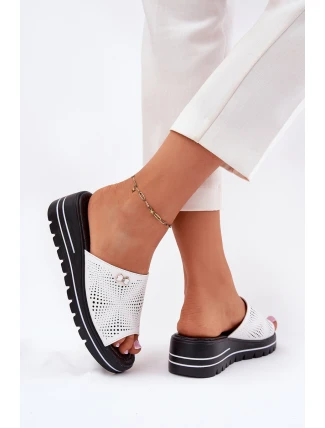 Skórzane Klapki Damskie Na Koturnie Vinceza 41477 Białe