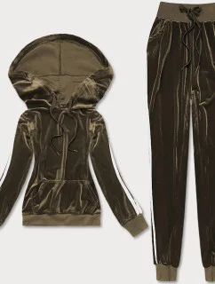 Velúrový teplákový komplet v khaki farbe s lampasmi (YP-9964)