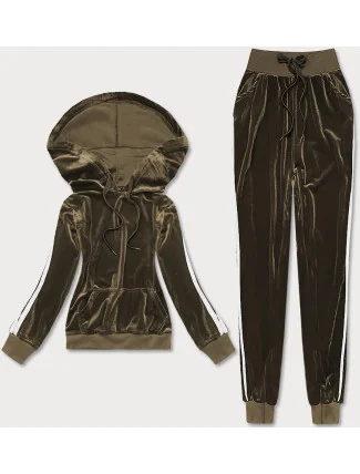 Velúrový teplákový komplet v khaki farbe s lampasmi (YP-9964) Velúrový teplákový komplet v khaki farbe s lampasmi (YP-9964)