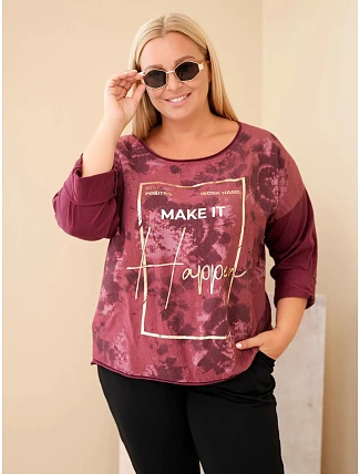 Dámska bavlnená blúzka Plus Size s potlačou a výstrihom do U, slivková Dámska bavlnená blúzka Plus Size s potlačou a výstrihom do U, slivková
