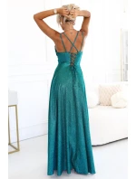 589-3 Dlhé šaty s jemnými trblietkami a korzetovým viazaním vzadu - zelené s trblietkami