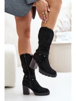 Kozaki Damskie Do Połowy Łydki Na Słupku Ocieplane Czarne Ivanelis