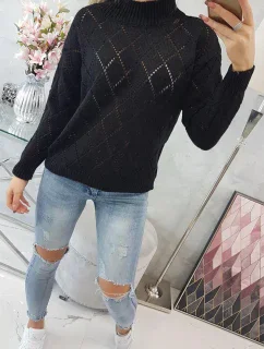 Sveter s polovičným rolákom a kosoštvorcovým vzorom čierny