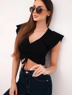 Dámska rebrovaná blúzka na ramienka s volánom čierna
