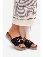 Klapki Damskie Na Platformie Ze Złotą Ozdobą I Brokatem Czarne Morisela