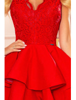 Exkluzívne červené dámske šaty s čipkovaným výstrihom 321-1