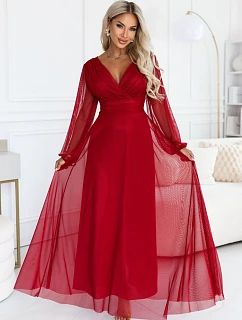 684-1 NERISSA – elegantné tylové maxi šaty s výstrihom do V – svetlo vínová