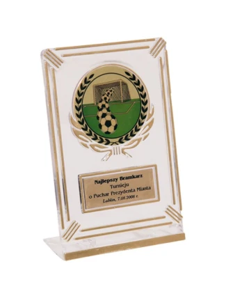 Plastová trofej - transparentná zlatá s priestorom na 50 mm vložku a plaketu s rozmermi 50 mmX20 mm T-M