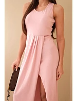 Dámske bavlnené midi šaty bez rukávov s riasením svetlo púdrovo ružové