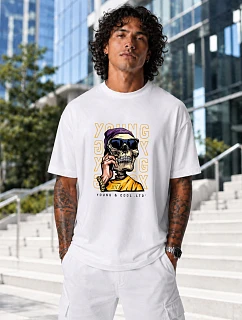 Pánske oversize tričko s potlačou lebky biele FashionStreet NX1019R