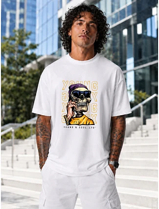Pánske oversize tričko s potlačou lebky biele FashionStreet NX1019R Pánske oversize tričko s potlačou lebky biele FashionStreet NX1019R