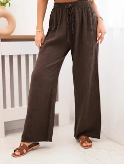 Mušelínové nohavice so širokými nohavicami hnedej farby