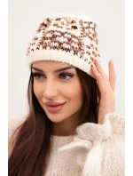 Dámska zimná čiapka s farebným vláknom a hrubým okrajom K355 ecru+cappuccino+red