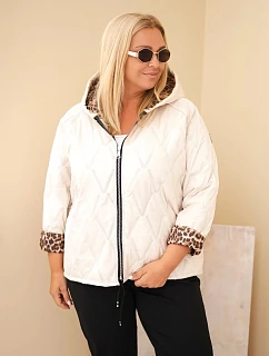 Dámska bunda Plus Size s kapucňou a leopardím lemovaním, svetlo béžová