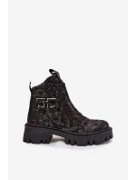 Skórzane Botki Damskie Z Ozdobą Ocieplane Artiker 57C2084 Czarno-Złote