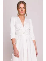 S404 Pletené šaty s opaskom na zaväzovanie - ecru