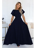 694-4 MIRELLA Elegantné maxišaty so zvonovým strihom a flitrovými rukávmi – tmavomodré 694-4 MIRELLA Elegantné maxišaty so zvonovým strihom a flitrovými rukávmi – tmavomodré