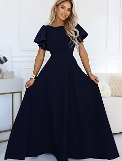 694-4 MIRELLA Elegantné maxišaty so zvonovým strihom a flitrovými rukávmi – tmavomodré