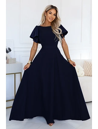 694-4 MIRELLA Elegantné maxišaty so zvonovým strihom a flitrovými rukávmi – tmavomodré 694-4 MIRELLA Elegantné maxišaty so zvonovým strihom a flitrovými rukávmi – tmavomodré