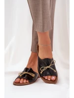 Skórzane Płaskie Eleganckie Klapki Z Kokardką Lewski 3572 Czarne