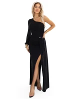 658-1 Trblietavé maxi šaty na jedno rameno s asymetrickými rukávmi a rozparkom - čierne