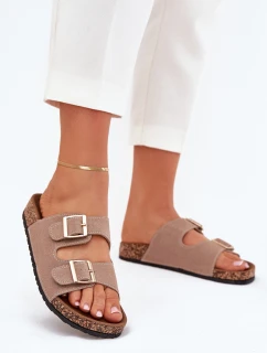 Klapki Damskie Ze Złotymi Klamrami I Przeszyciami Khaki Lunera