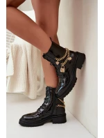 Lakierowane Botki Workery Damskie Ze Złotym Łańcuchem Ocieplane Czarne Sarinae