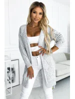 486-1 Cardigan - kardigán s predĺženým chrbtom s diamantmi - GREY