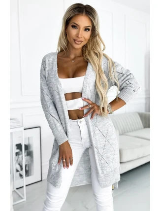 486-1 Cardigan - kardigán s predĺženým chrbtom s diamantmi - GREY