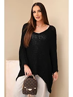 Dámsky oversized sveter s čipkou, výstrihom do V a predĺženým zadným dielom, čierny Dámsky oversized sveter s čipkou, výstrihom do V a predĺženým zadným dielom, čierny