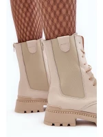 Skórzane Damskie Botki Workery Sznurowane Jasnobeżowe Nicole 2836